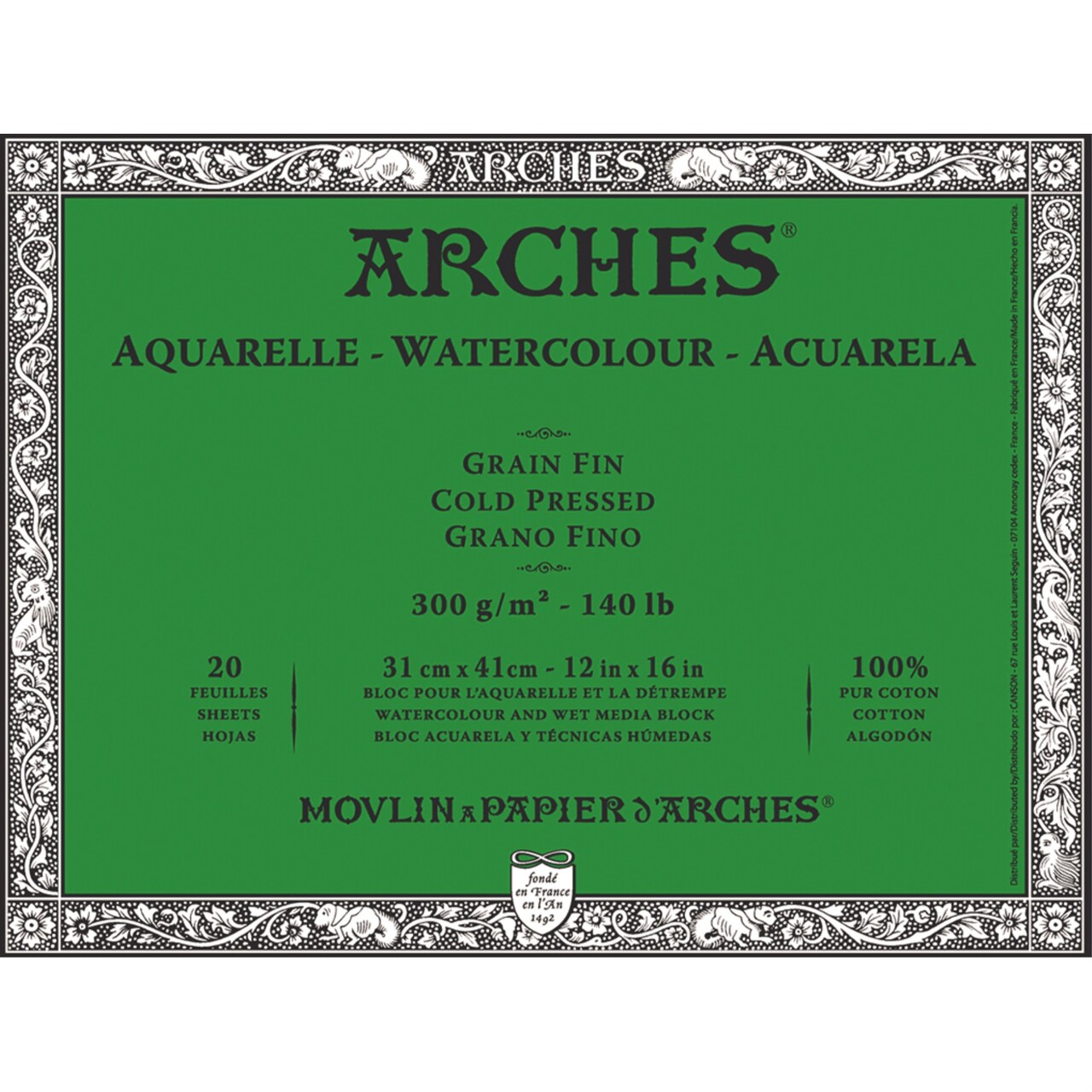 Arches Watercolor Block 12x16-inch Natural White 100% Cotton Paper - 20 Sheets of Arches Watercolor Paper 140 lb Cold Press - Arches Art Paper for Watercolor Gouache Ink Acrylic and More